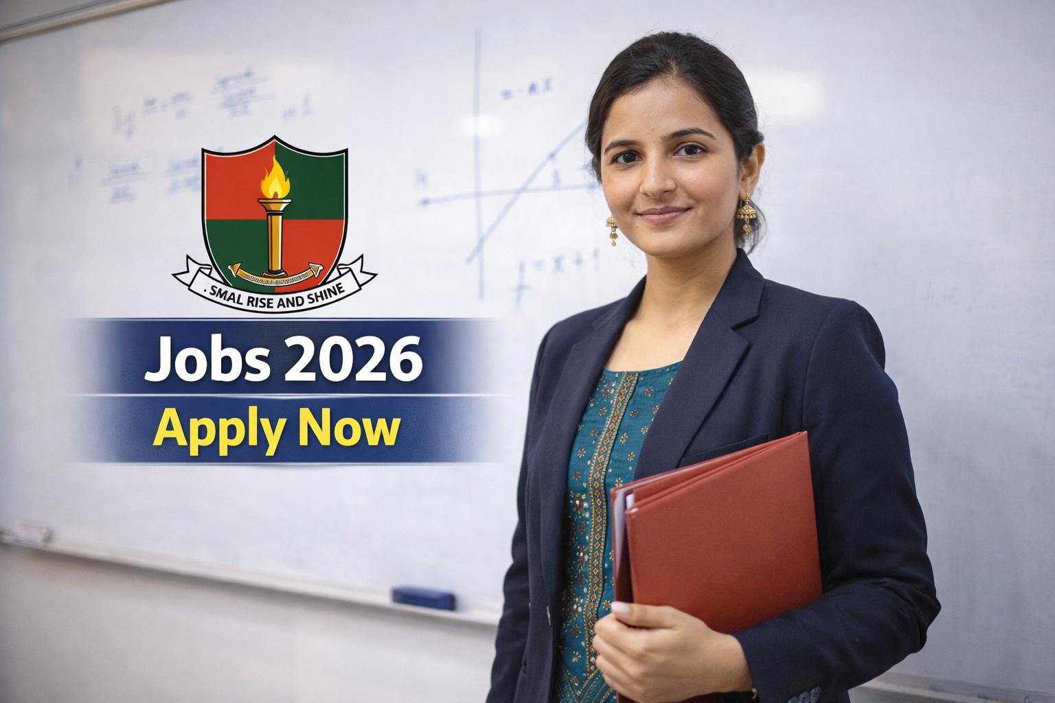 Subject: A young, confident female teacher in professional attire standing in front of a white board. Overlay: In the foreground, a digital overlay displaying the "APS Logo" and the text "Jobs 2026 Apply Now". Alt-Text: Army Public School APS Jobs 2026 Advertisement for Teachers in Rawalpindi and Islamabad. Generate this image