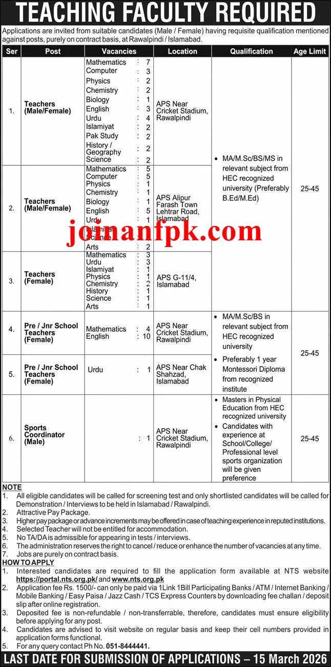 NTS Teaching Jobs Advertisement 2026 in APS Army Public Schools